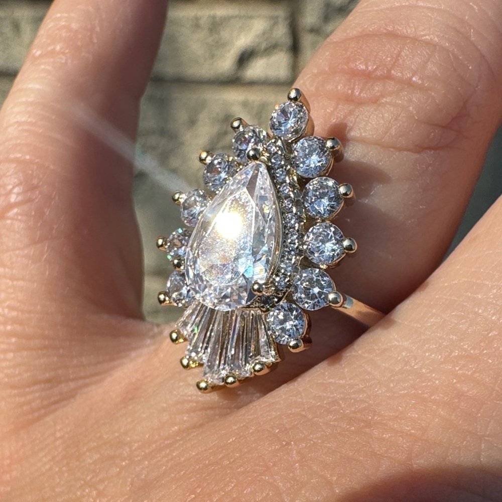Gold Plated Teardrop Halo Ring baguettes & CZ Size 7 Wedding Engagement